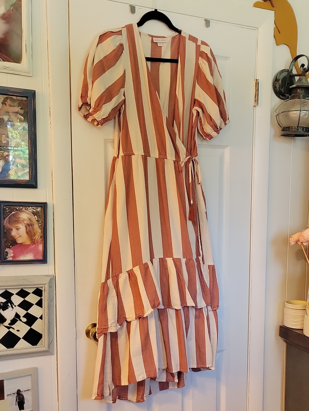 Knox Rose Striped High-Low Wrap Dress in Cream and Rust